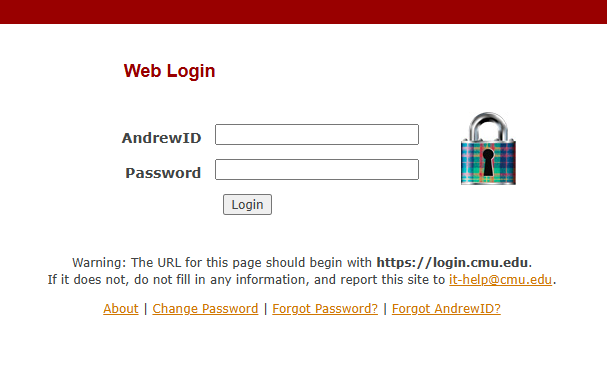 The CMU Web Login screen with fields for AndrewID and Password.