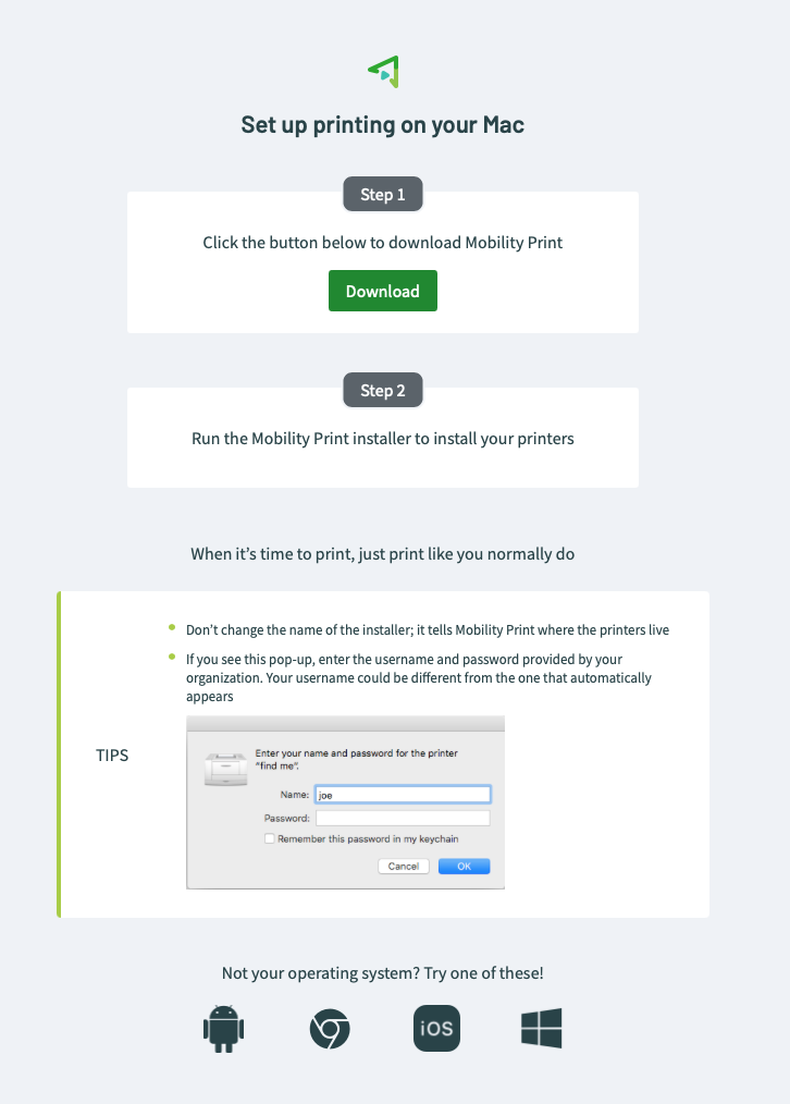 Screenshot of Mobility Print webpage