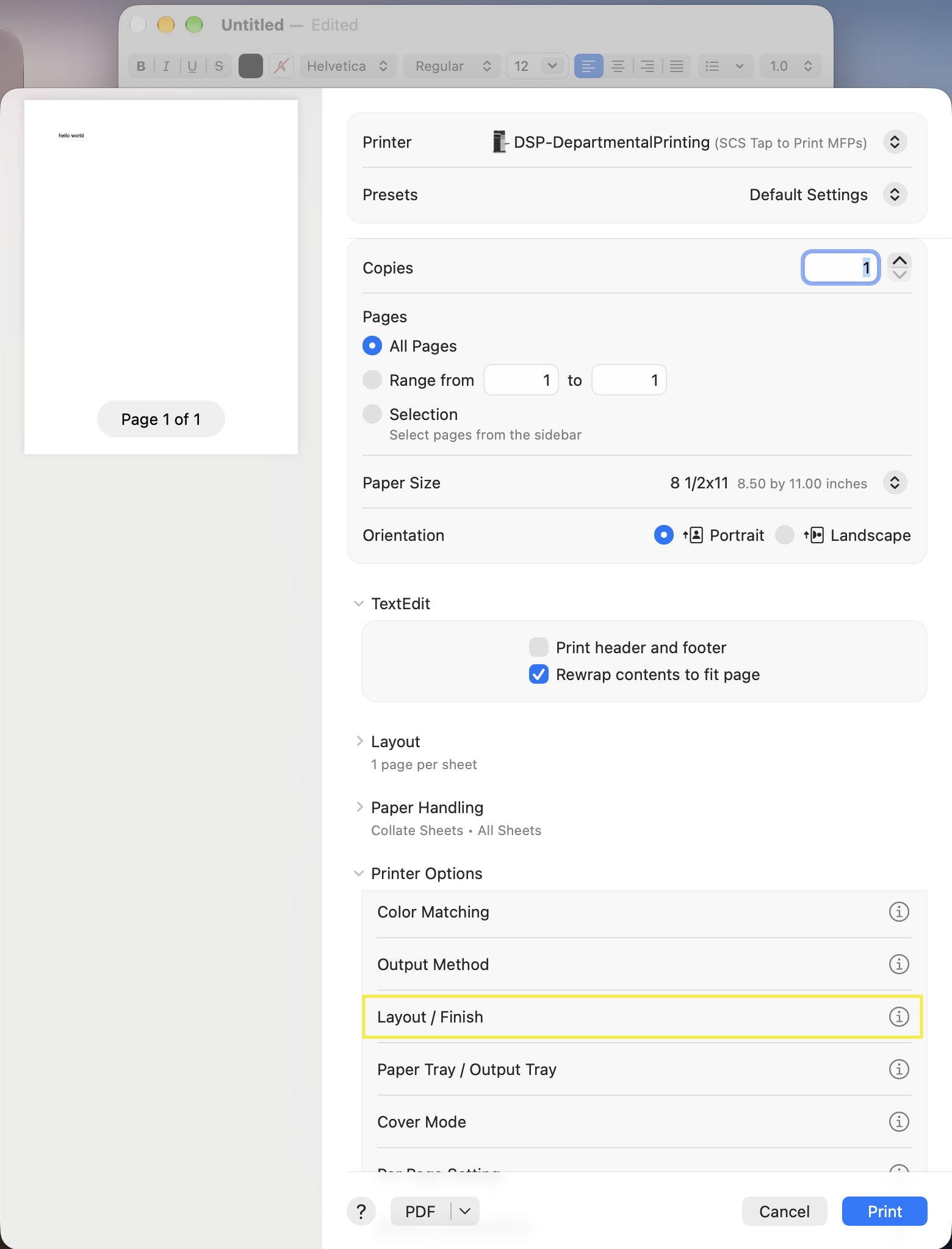 Screenshot of print dialog