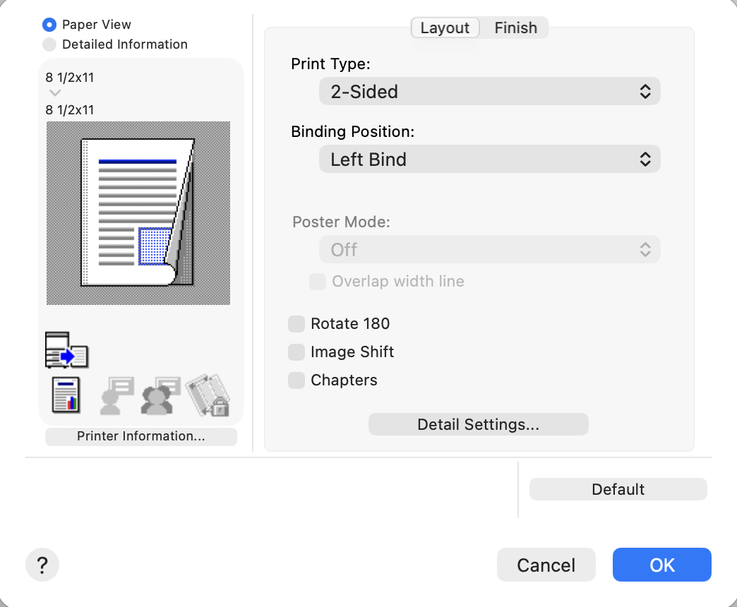 Screenshot of options at print - selection of Layout and Finish