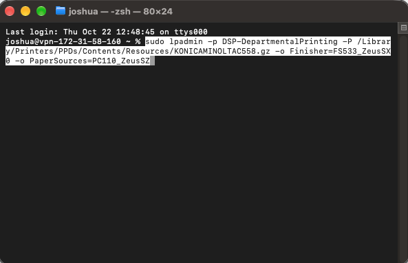 Screenshot of Terminal window adding finishing options via lpadmin