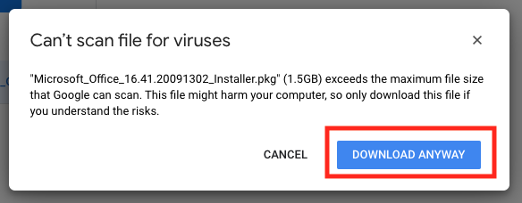 Google Virus Scan prompt