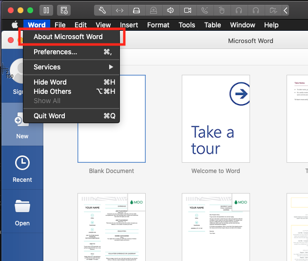 Microsoft Word About Menu