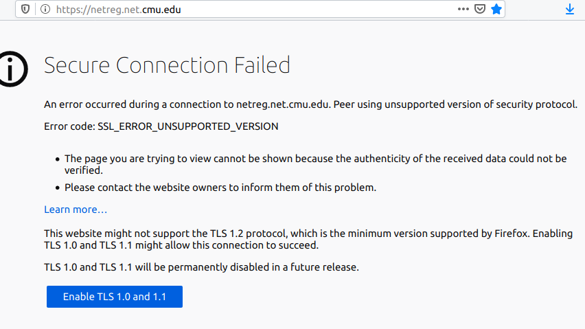 Firefox showing a warning about tls and a button to allow 1.0 and 1.1